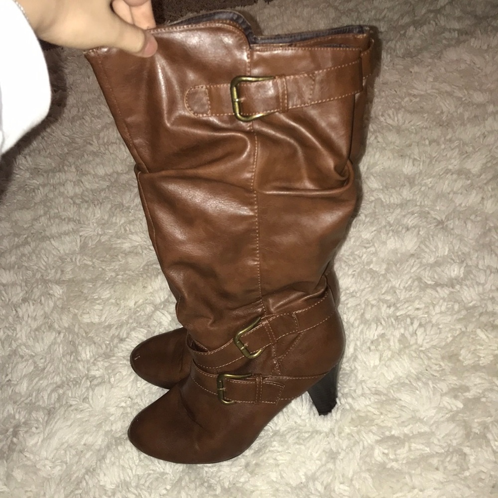 Brown just below the knee heeled boots size 8